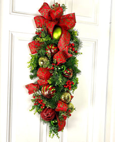 Red and Lime Christmas Ornament Swag: Holiday Door Decor