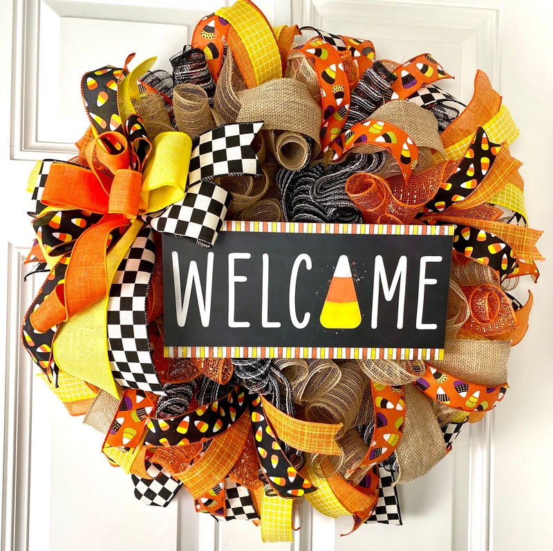 Candy Corn Halloween Wreath: Farmhouse Fall Front Door Decor