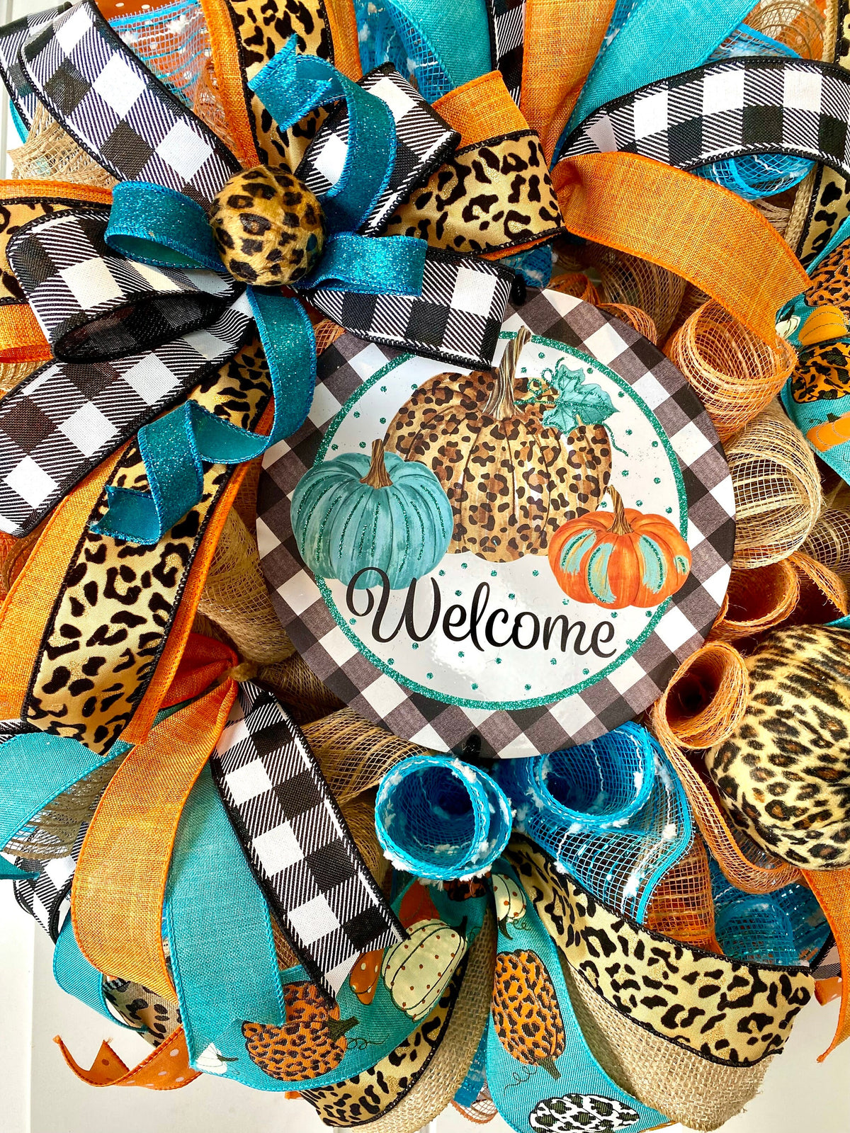 Turquoise Fall Leopard Wreath, Pumpkin, Buffalo check, Farmhouse Deco, Traditional Autumn, Front Door decor
