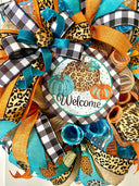 Turquoise Fall Leopard Wreath, Pumpkin, Buffalo check, Farmhouse Deco, Traditional Autumn, Front Door decor