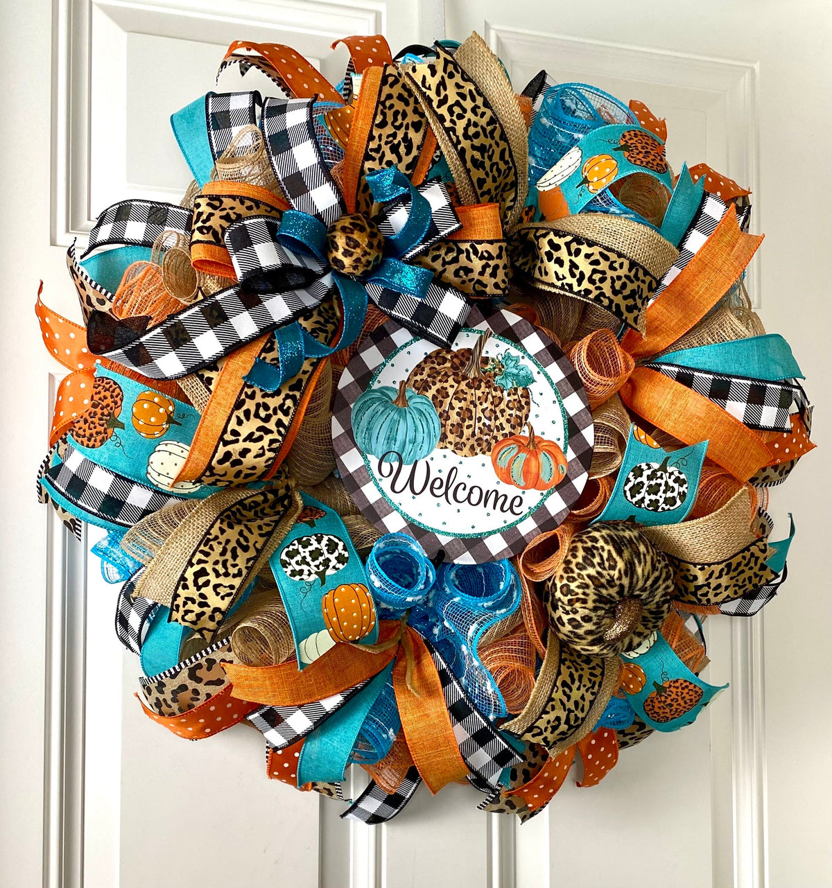 Turquoise Fall Leopard Wreath, Pumpkin, Buffalo check, Farmhouse Deco, Traditional Autumn, Front Door decor