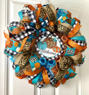 Turquoise Fall Leopard Wreath, Pumpkin, Buffalo check, Farmhouse Deco, Traditional Autumn, Front Door decor