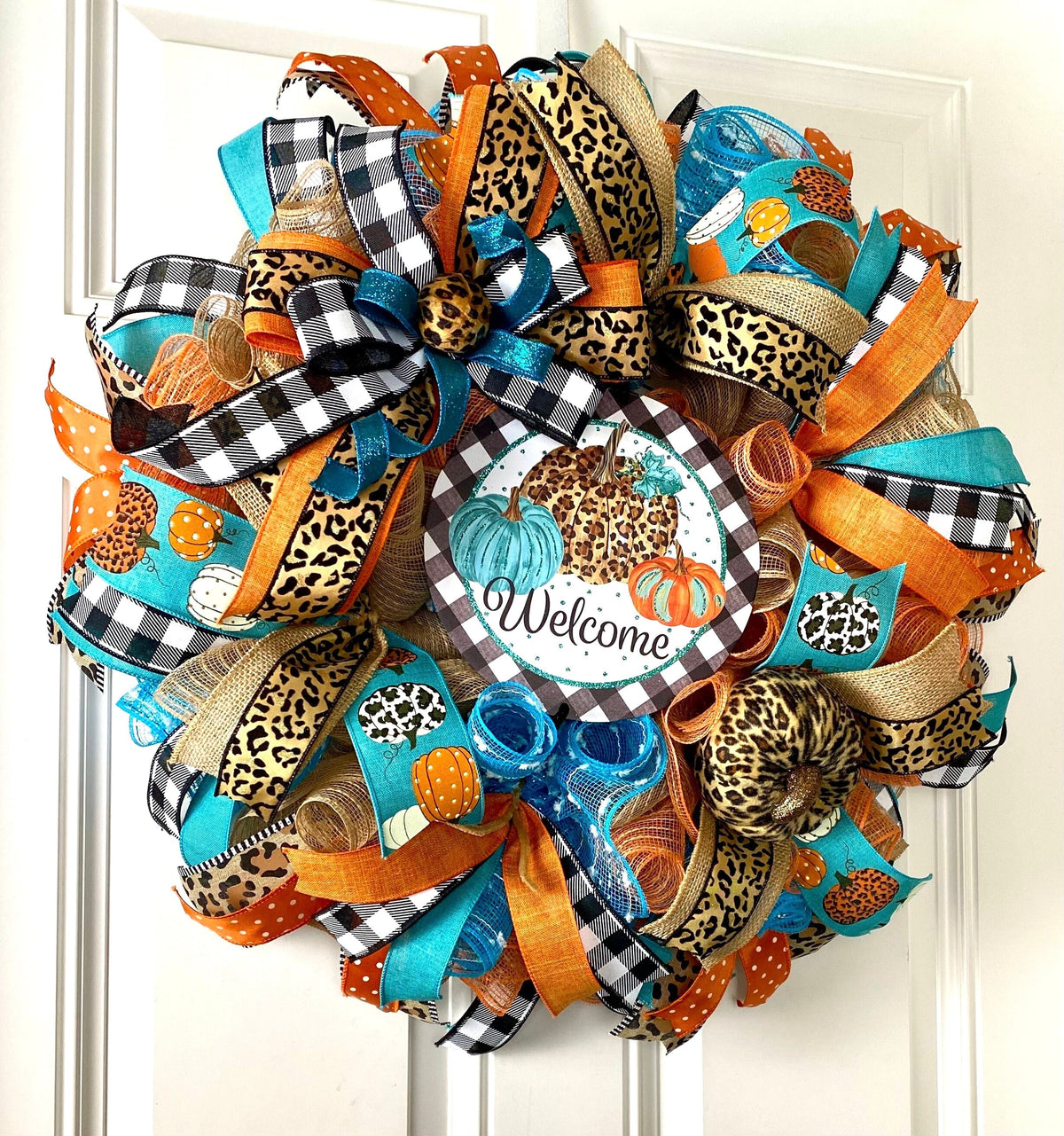 Turquoise Fall Leopard Wreath, Pumpkin, Buffalo check, Farmhouse Deco, Traditional Autumn, Front Door decor