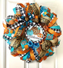 Turquoise Fall Leopard Wreath, Pumpkin, Buffalo check, Farmhouse Deco, Traditional Autumn, Front Door decor
