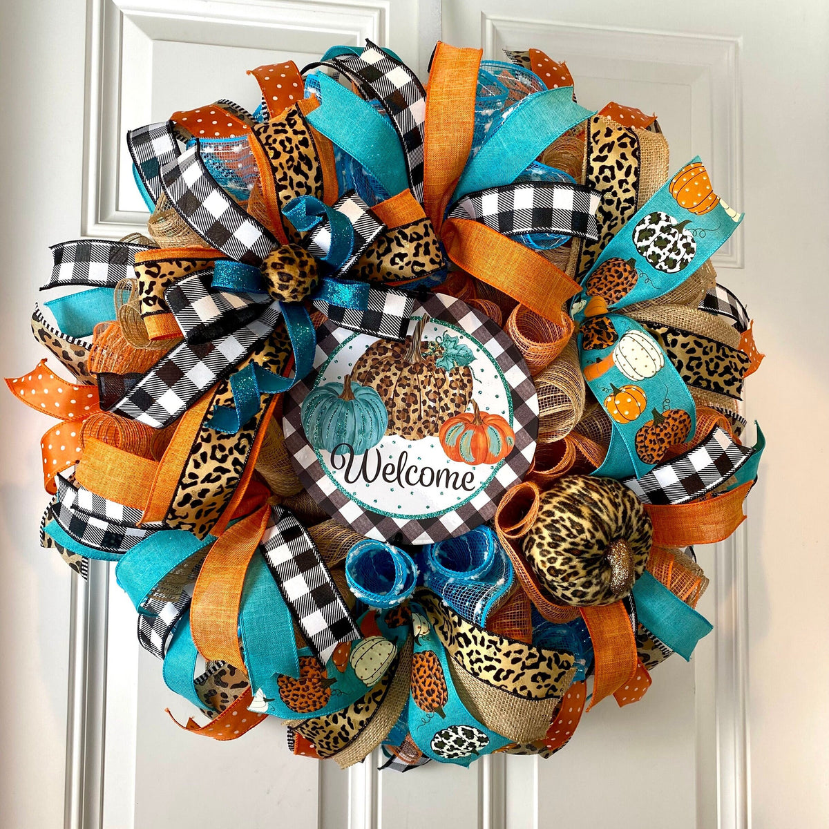 Turquoise Fall Leopard Wreath, Pumpkin, Buffalo check, Farmhouse Deco, Traditional Autumn, Front Door decor