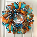 Turquoise Fall Leopard Wreath, Pumpkin, Buffalo check, Farmhouse Deco, Traditional Autumn, Front Door decor