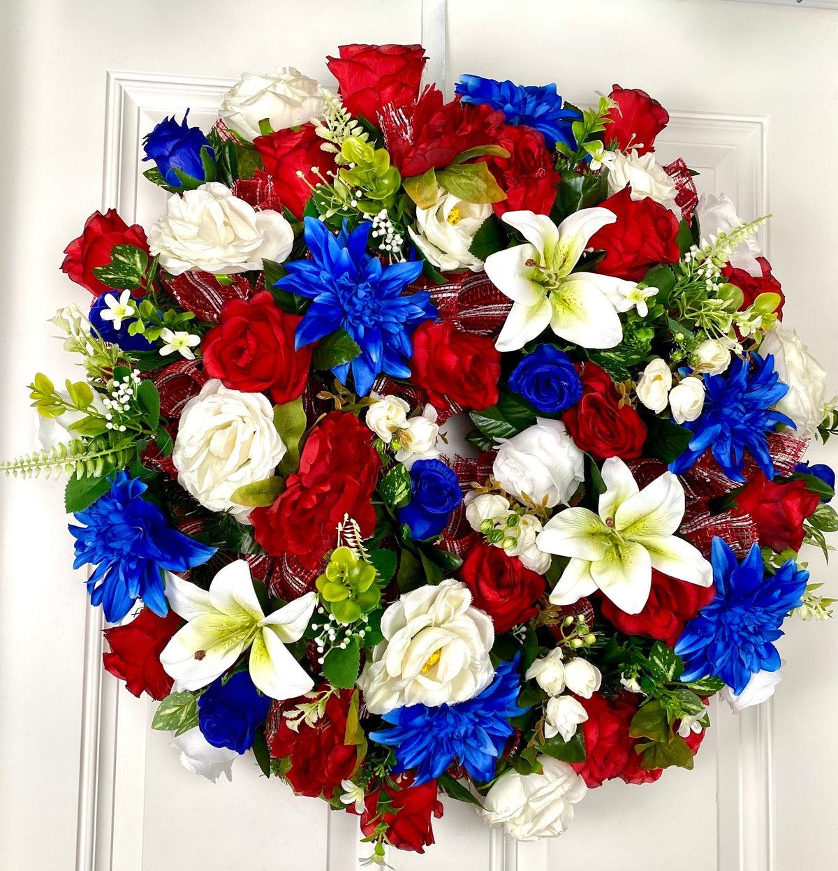 Patriotic Floral Wreath, 4th of July, Summer, Red White & Blue, Everyday, Memorial Day, Double Doors, Flag, everyday