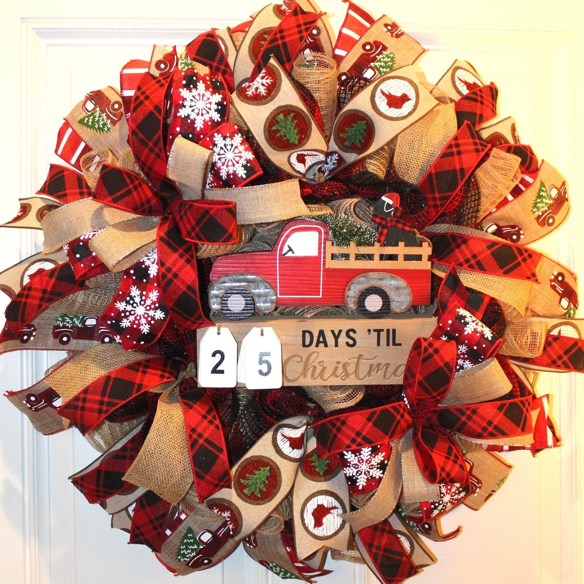 Christmas Countdown Wreath, Red Truck Buffalo Plaid, Deco Mesh Dog Lover wreath, Farmhouse Christmas Wreath for front door