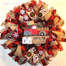 Christmas Countdown Wreath, Red Truck Buffalo Plaid, Deco Mesh Dog Lover wreath, Farmhouse Christmas Wreath for front door