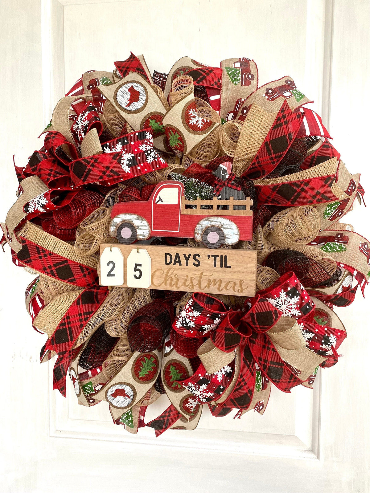 Christmas Countdown Wreath, Red Truck Buffalo Plaid, Deco Mesh Dog Lover wreath, Farmhouse Christmas Wreath for front door