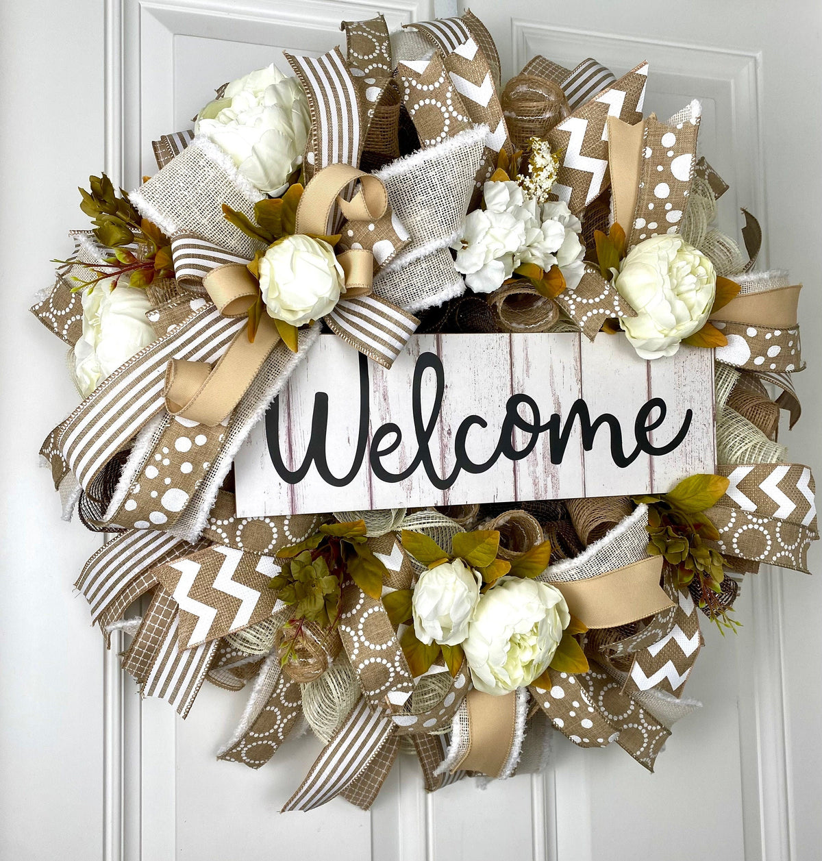 Neutral Summer Wreath, Peony, Sunflower, Lambs ear Everyday Farmhouse Decor, Front Door, Farmhouse All Season Wreath, Deco Mesh