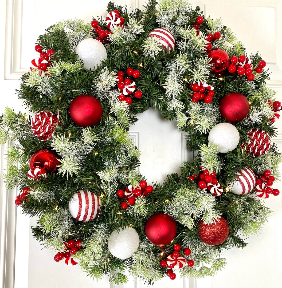 Lighted Peppermint Christmas Ornament Wreath, Holiday Ornament Wreath, Winter Porch Decor, Red and White