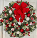 Lighted Peppermint Christmas Ornament Wreath, Holiday Ornament Wreath, Winter Porch Decor, Red and White