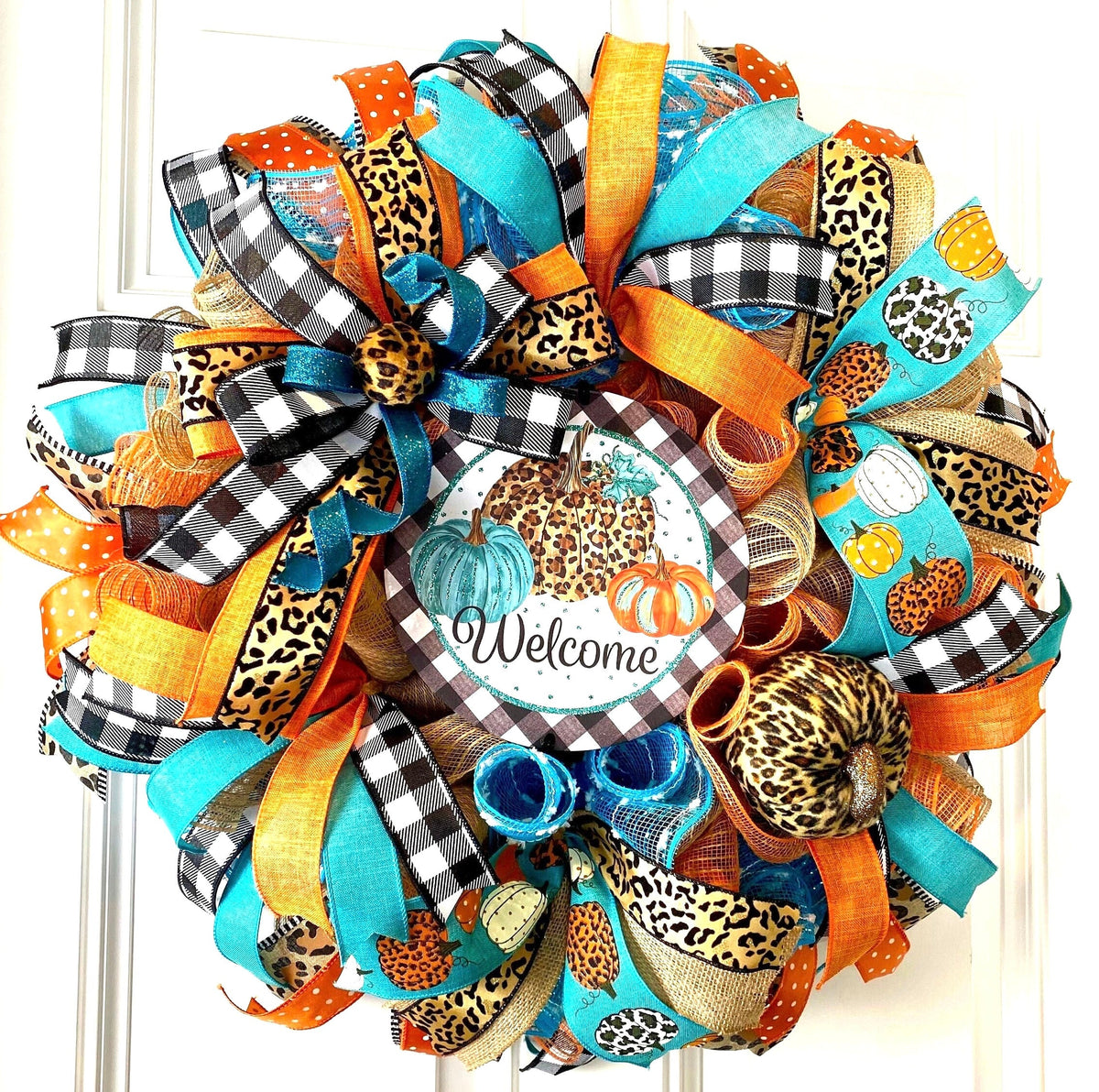 Turquoise Fall Leopard Wreath, Pumpkin, Buffalo check, Farmhouse Deco, Traditional Autumn, Front Door decor