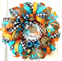 Turquoise Fall Leopard Wreath, Pumpkin, Buffalo check, Farmhouse Deco, Traditional Autumn, Front Door decor
