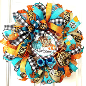 Turquoise Fall Leopard Wreath, Pumpkin, Buffalo check, Farmhouse Deco, Traditional Autumn, Front Door decor