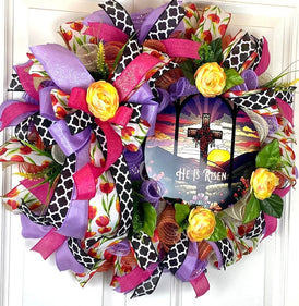 Easter Wreath, He is Risen Wreath, Spring Cross Wreath, Front Door Spring Wreath, Stained Glass
