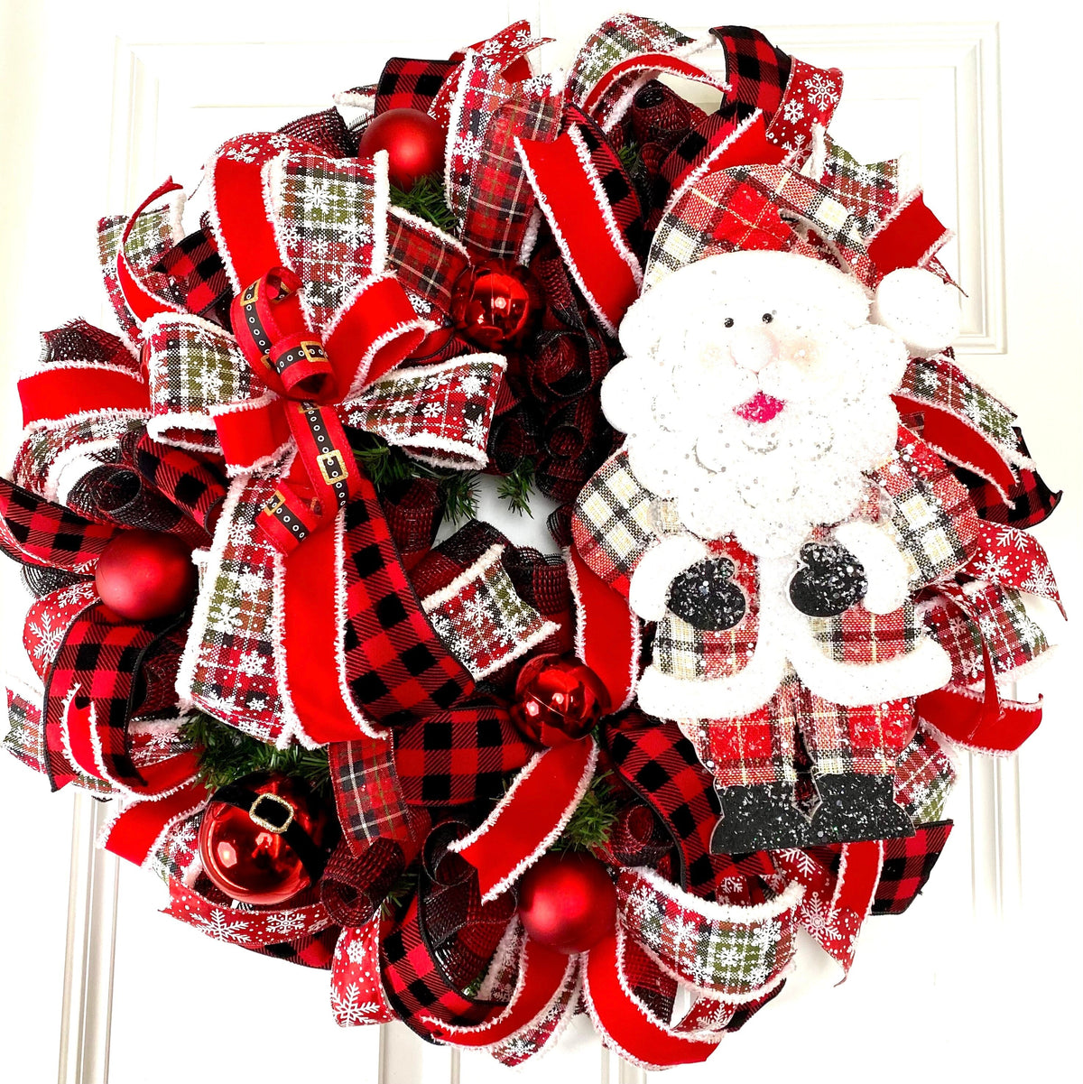 XL Santa Christmas Wreath: Plaid Farmhouse Front Door Decor