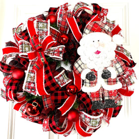 XL Santa Christmas Wreath: Plaid Farmhouse Front Door Decor