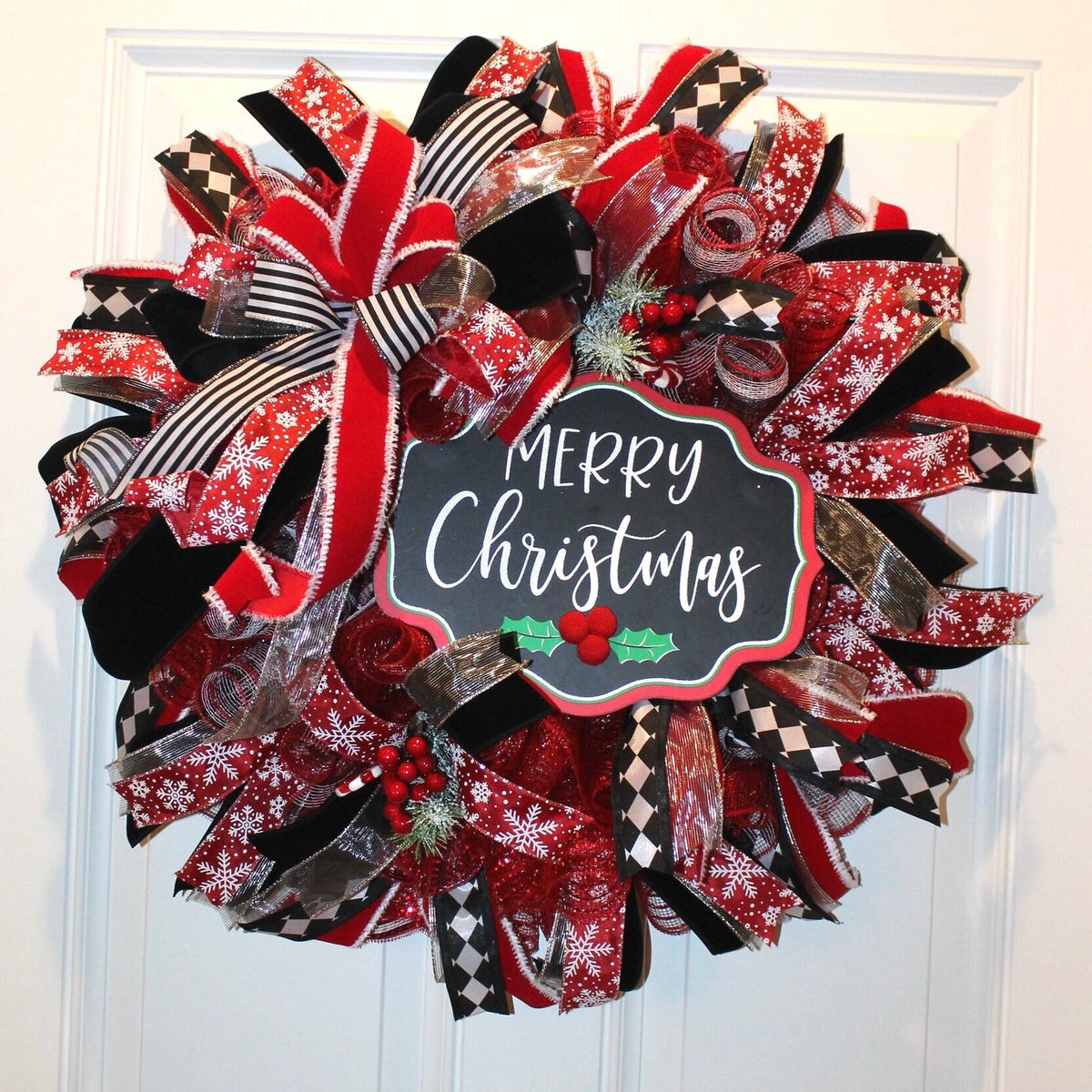 Red and Black Harlequin Christmas Wreath: Cardinal Holiday Decor