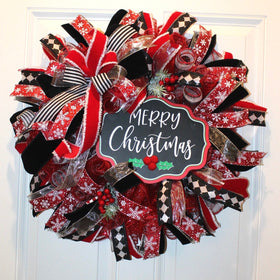 Red and Black Harlequin Christmas Wreath: Cardinal Holiday Decor