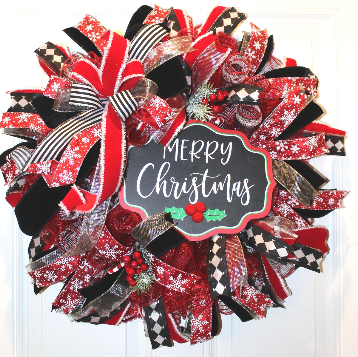 Red and Black Harlequin Christmas Wreath: Cardinal Holiday Decor