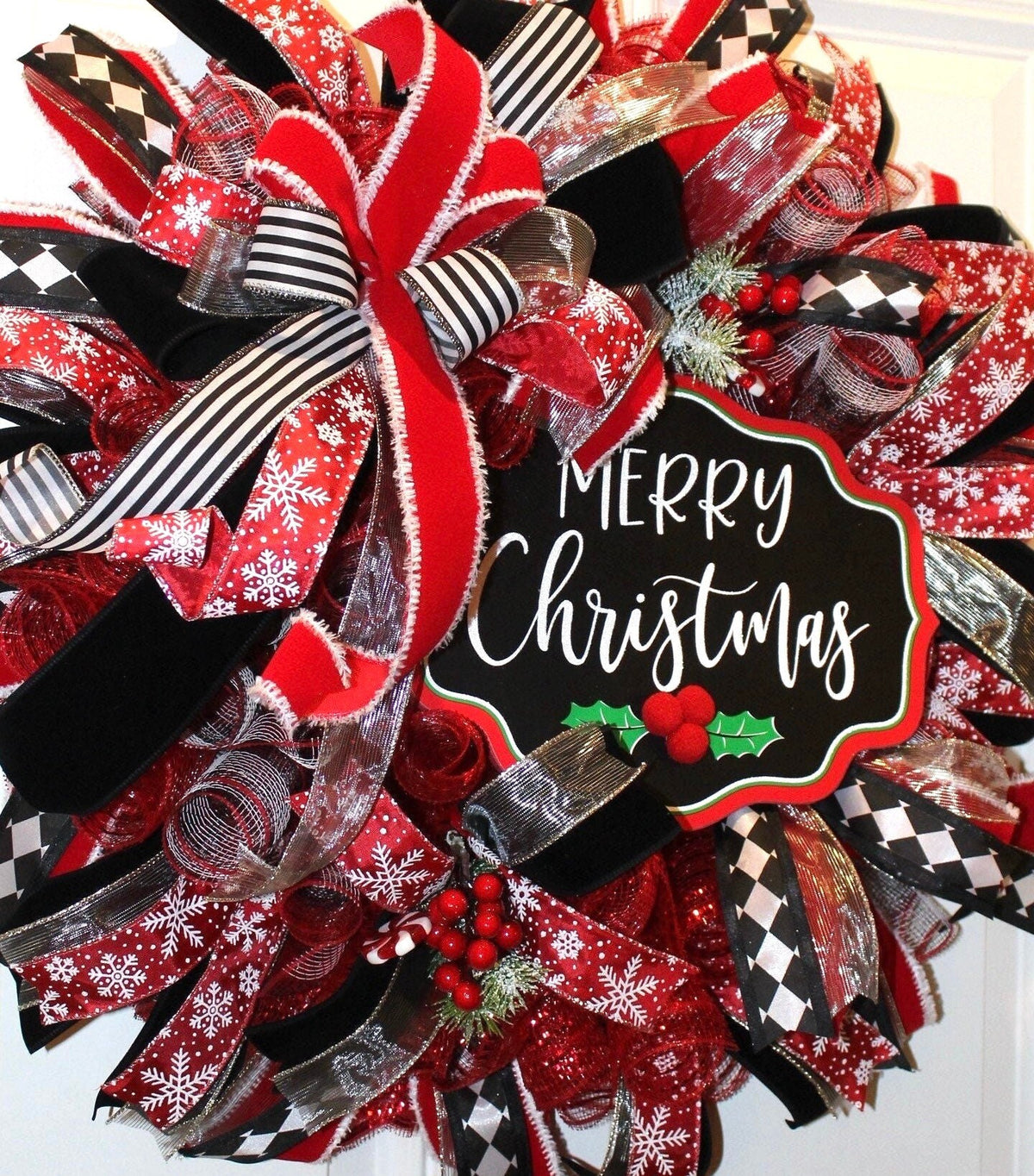 Red and Black Harlequin Christmas Wreath: Cardinal Holiday Decor
