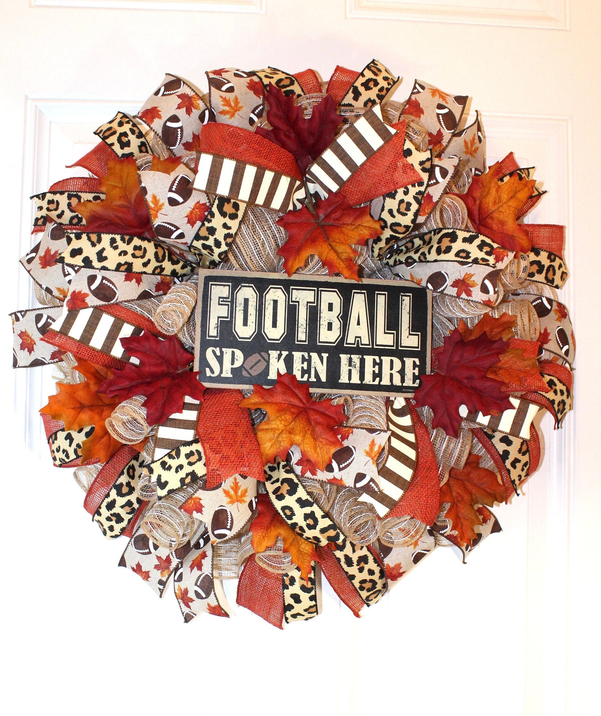 Fall Wreath, Football decor, Cheetah Wreath for Front Football Leaves Wreath, Fall Decor, Man cave, Sports Bar deco mesh, gameroom