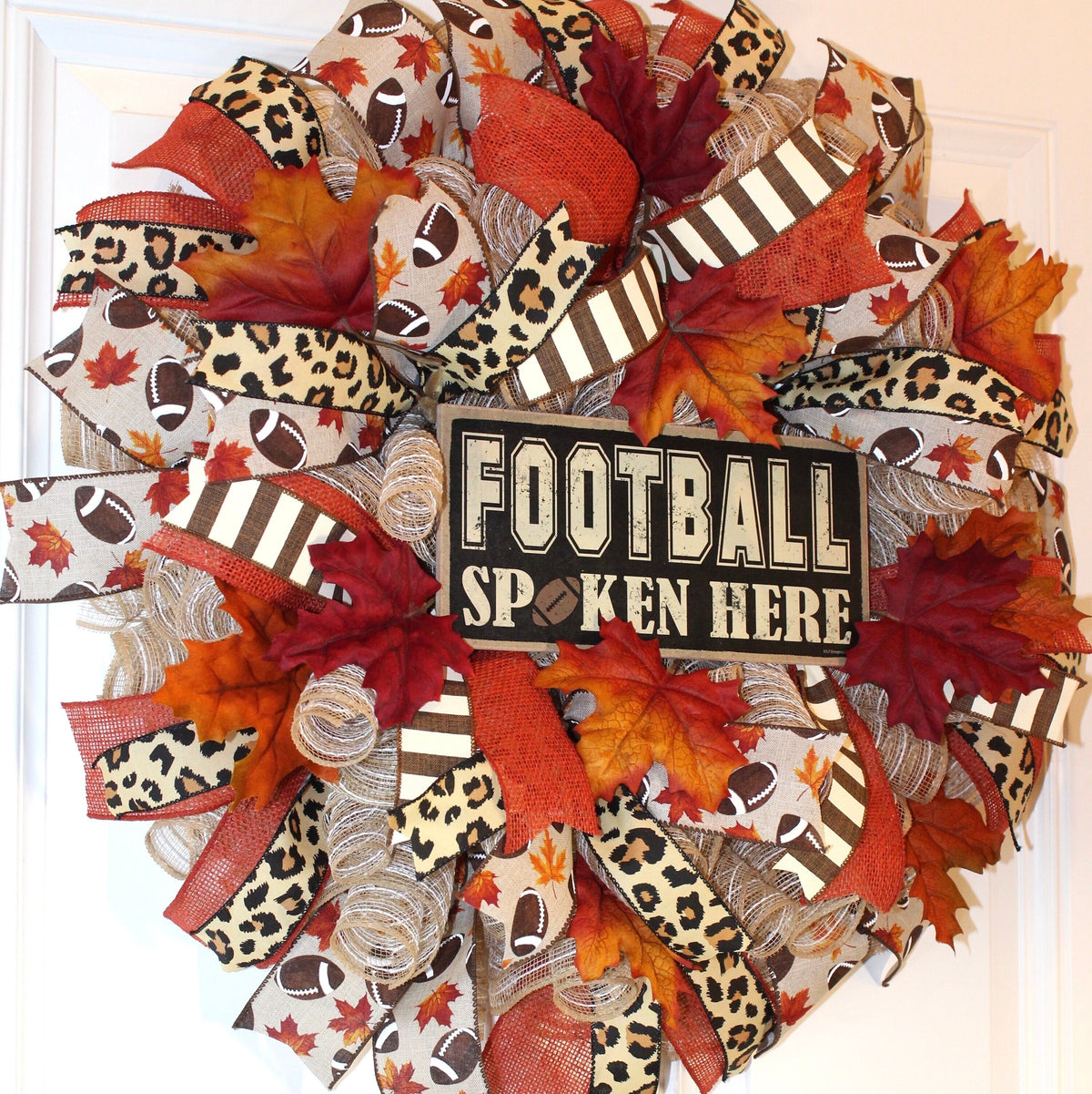 Fall Wreath, Football decor, Cheetah Wreath for Front Football Leaves Wreath, Fall Decor, Man cave, Sports Bar deco mesh, gameroom