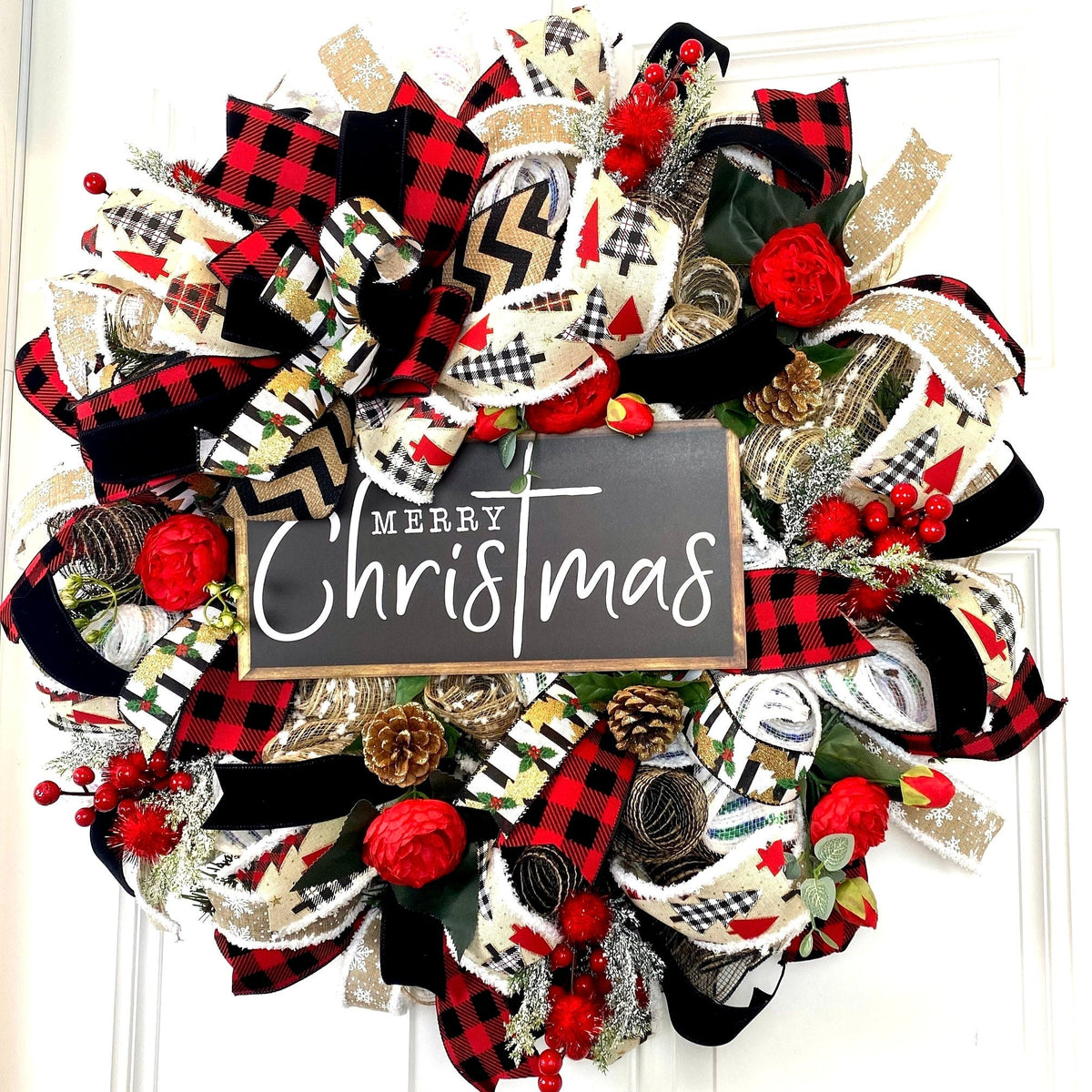 XL Christmas Wreath, Farmhouse Decor, Buffalo Check, Merry Christmas