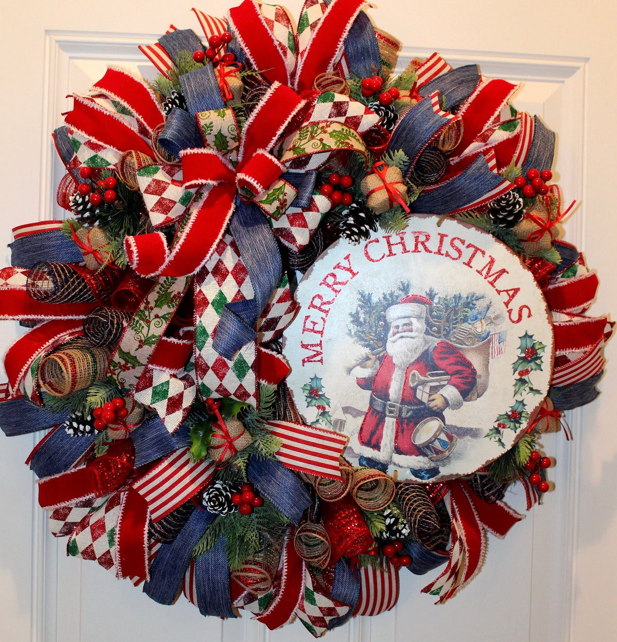 XL Santa Christmas Wreath: Rustic Holiday Front Door Decor