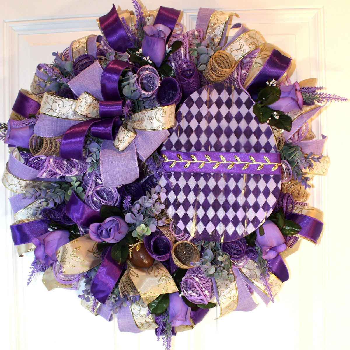 Harlequin Easter Egg Wreath: Purple Spring Door Decor