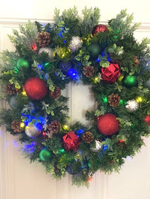 Prelit Christmas Ornament Wreath, Holiday Ornament Wreath, Winter Porch Decor, Multi-Color Jewel Tones