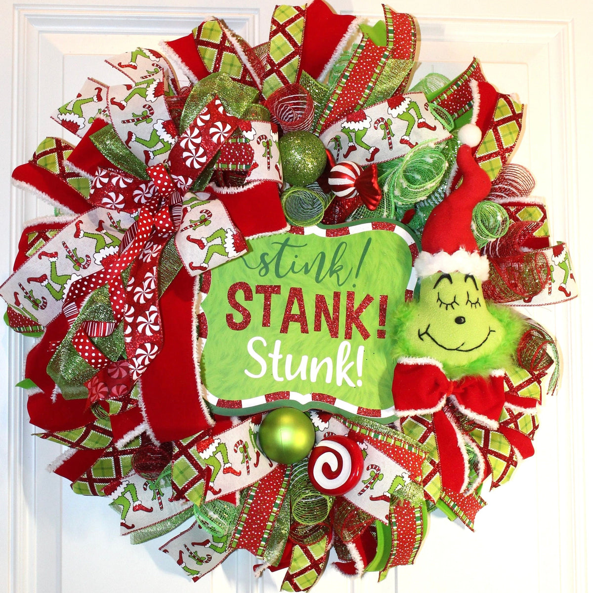 Green Monster Christmas Wreath, Whimsical Red Peppermint Holiday Front Door Decor