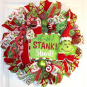 Green Monster Christmas Wreath, Whimsical Red Peppermint Holiday Front Door Decor