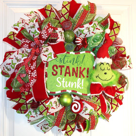 Green Monster Christmas Wreath, Whimsical Red Peppermint Holiday Front Door Decor
