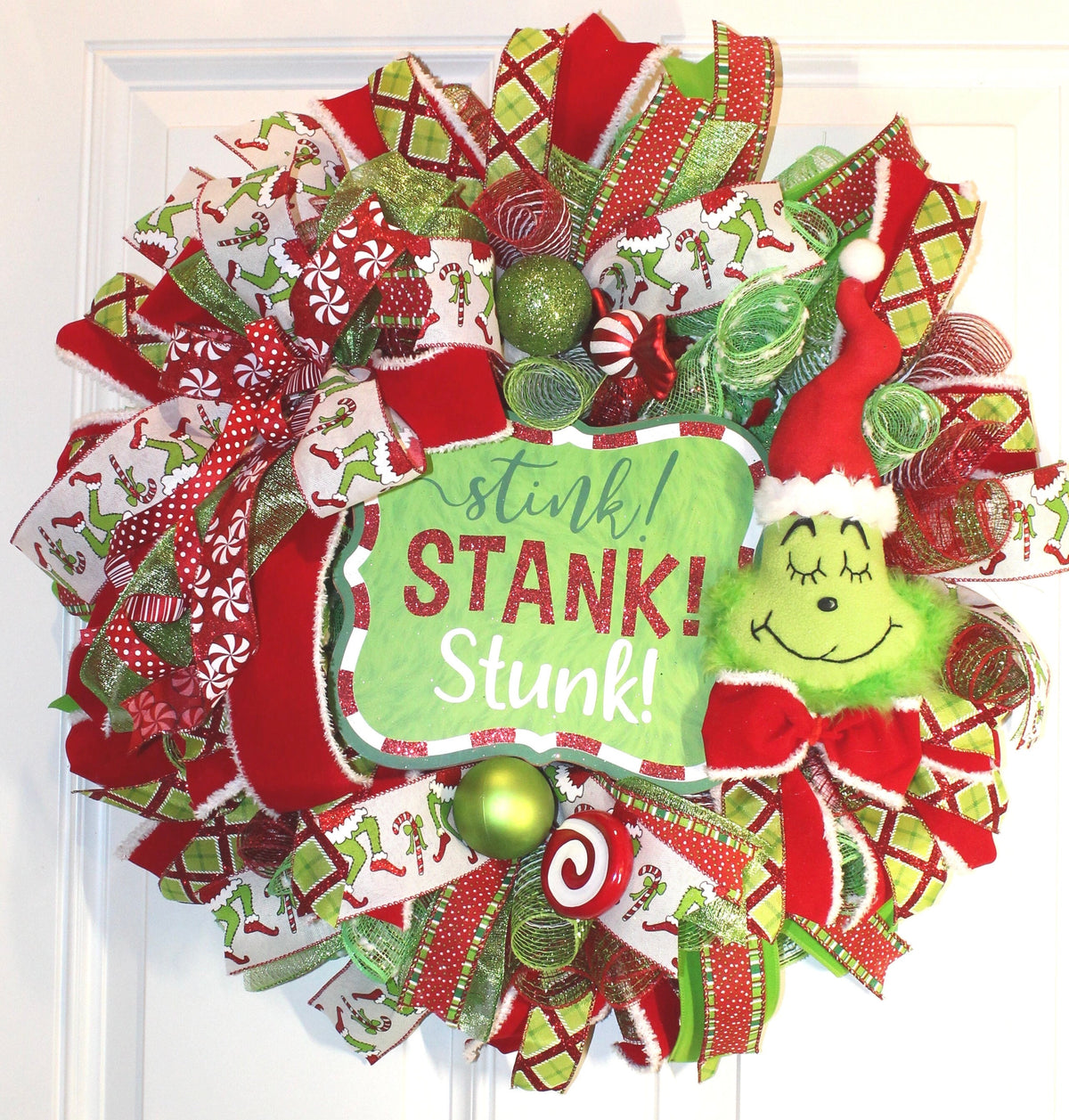 Green Monster Christmas Wreath, Whimsical Red Peppermint Holiday Front Door Decor
