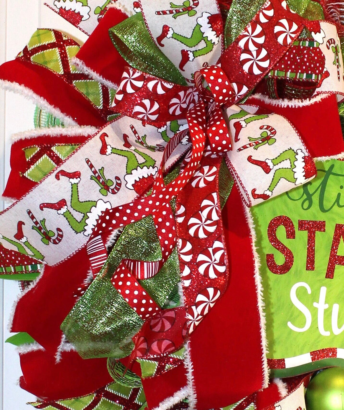 Green Monster Christmas Wreath, Whimsical Red Peppermint Holiday Front Door Decor