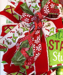 Green Monster Christmas Wreath, Whimsical Red Peppermint Holiday Front Door Decor
