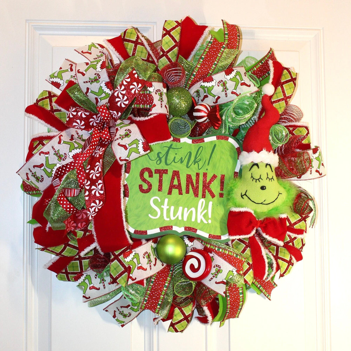 Green Monster Christmas Wreath, Whimsical Red Peppermint Holiday Front Door Decor