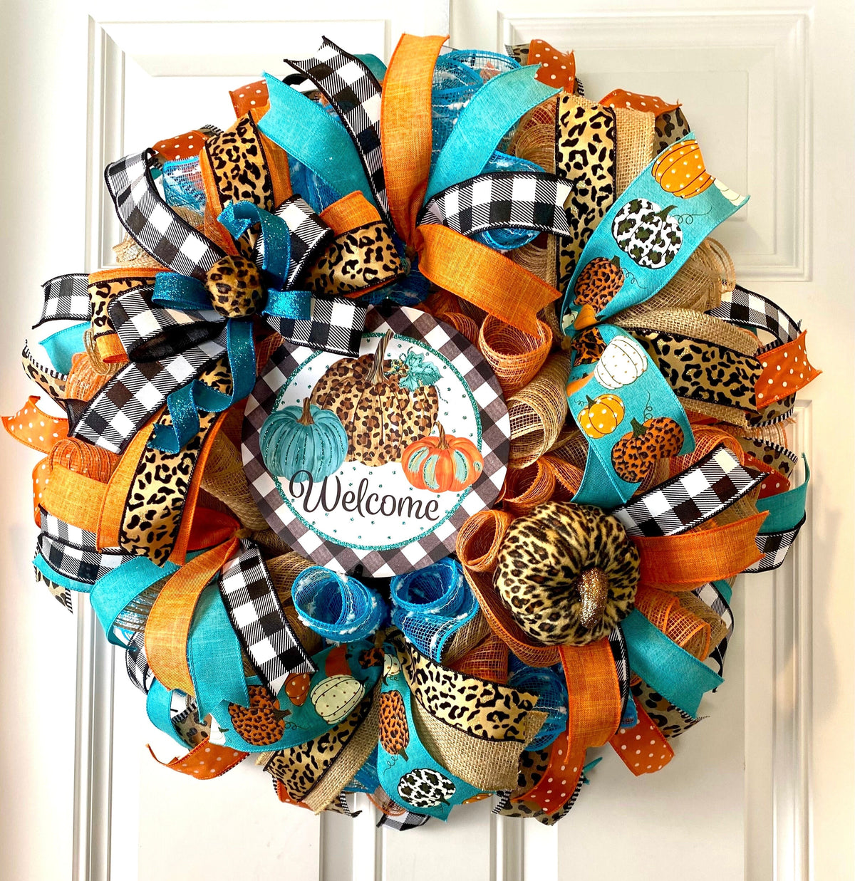 Turquoise Fall Leopard Wreath, Pumpkin, Buffalo check, Farmhouse Deco, Traditional Autumn, Front Door decor