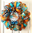 Turquoise Fall Leopard Wreath, Pumpkin, Buffalo check, Farmhouse Deco, Traditional Autumn, Front Door decor