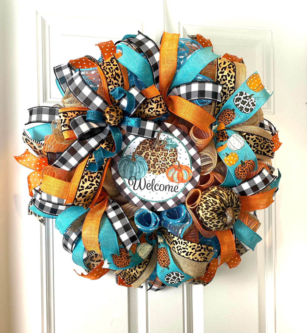 Turquoise Fall Leopard Wreath, Pumpkin, Buffalo check, Farmhouse Deco, Traditional Autumn, Front Door decor