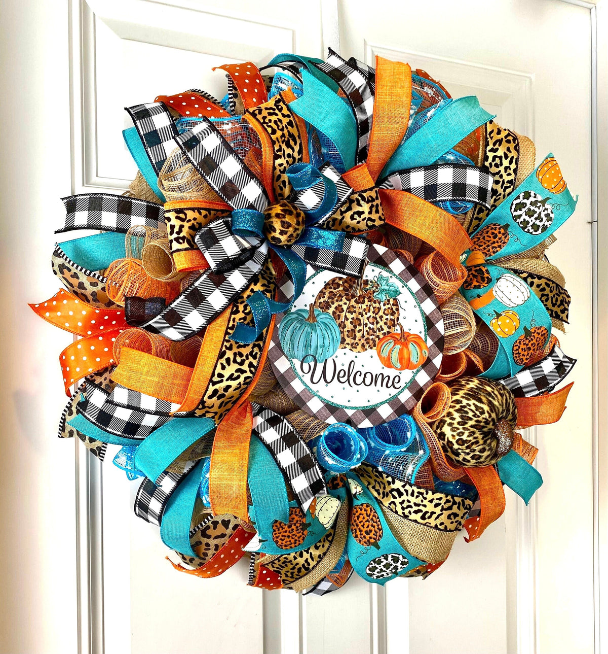 Turquoise Fall Leopard Wreath, Pumpkin, Buffalo check, Farmhouse Deco, Traditional Autumn, Front Door decor