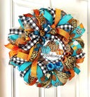 Turquoise Fall Leopard Wreath, Pumpkin, Buffalo check, Farmhouse Deco, Traditional Autumn, Front Door decor
