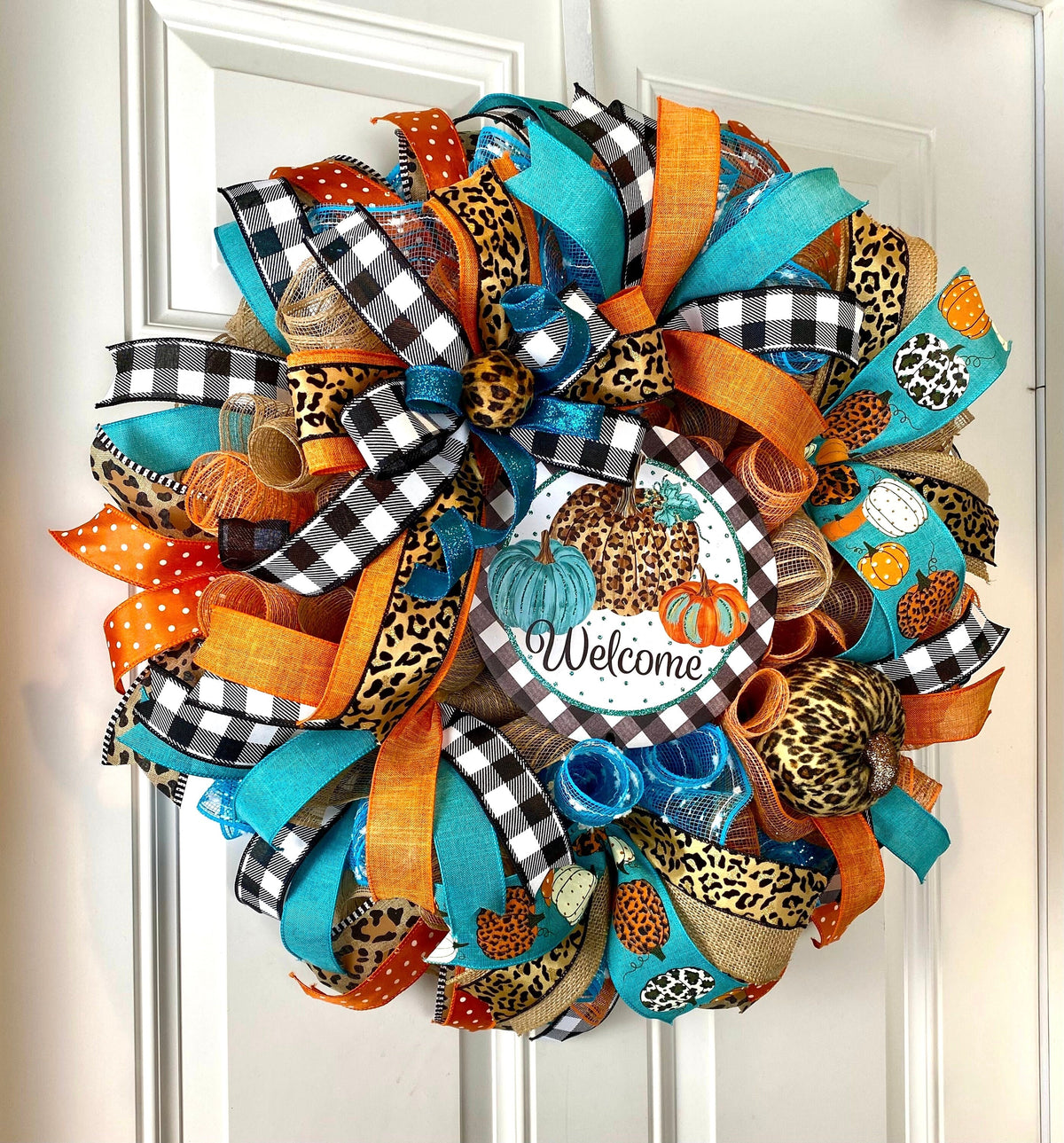 Turquoise Fall Leopard Wreath, Pumpkin, Buffalo check, Farmhouse Deco, Traditional Autumn, Front Door decor