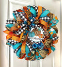Turquoise Fall Leopard Wreath, Pumpkin, Buffalo check, Farmhouse Deco, Traditional Autumn, Front Door decor