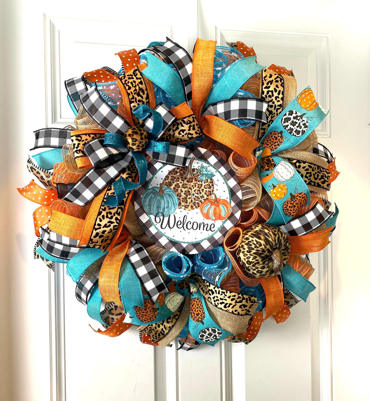Turquoise Fall Leopard Wreath, Pumpkin, Buffalo check, Farmhouse Deco, Traditional Autumn, Front Door decor