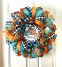 Turquoise Fall Leopard Wreath, Pumpkin, Buffalo check, Farmhouse Deco, Traditional Autumn, Front Door decor