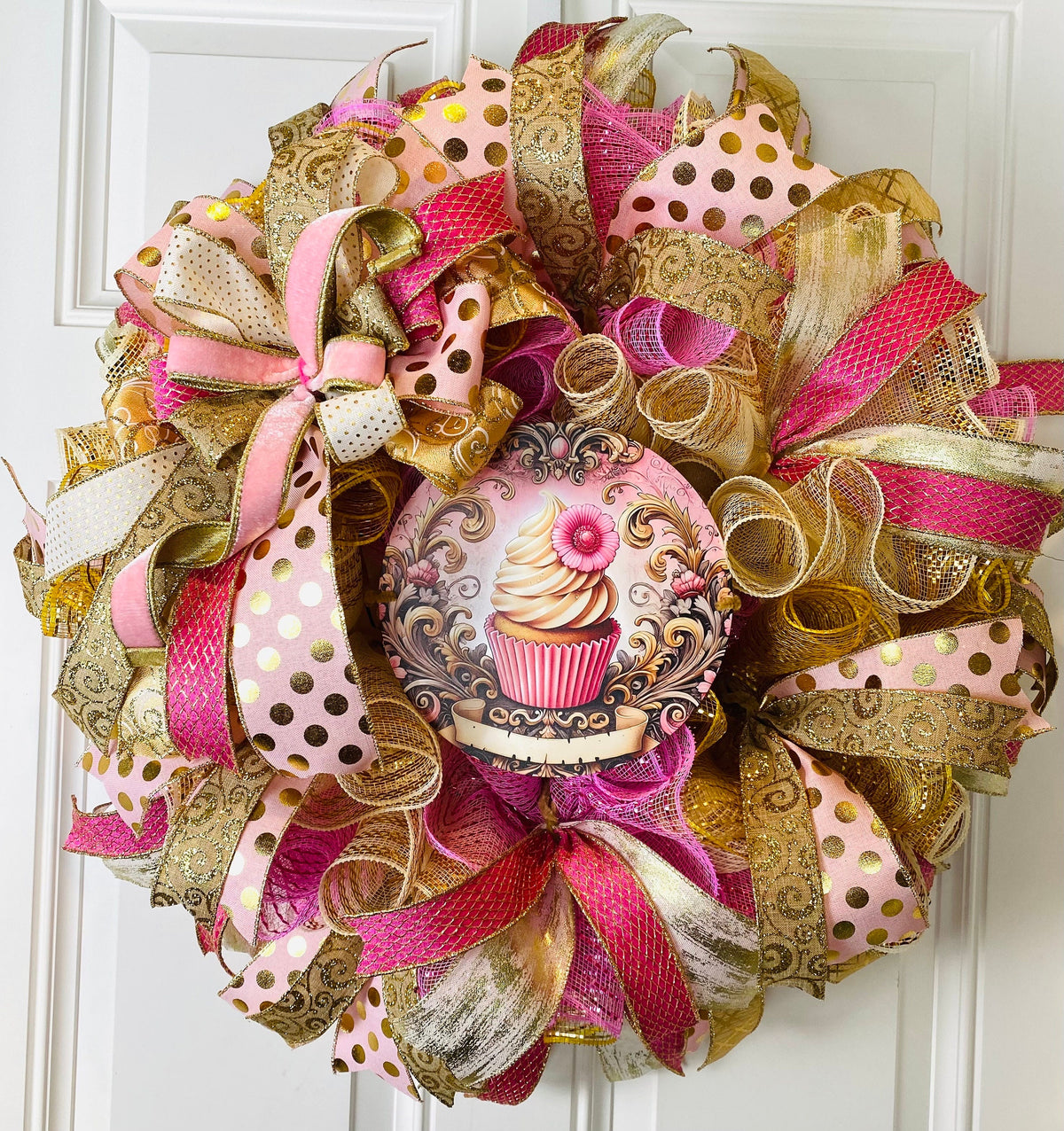 Pink and Gold Valentine Heart Wreath, Cupcake Ornament Wreath, Candy Land theme